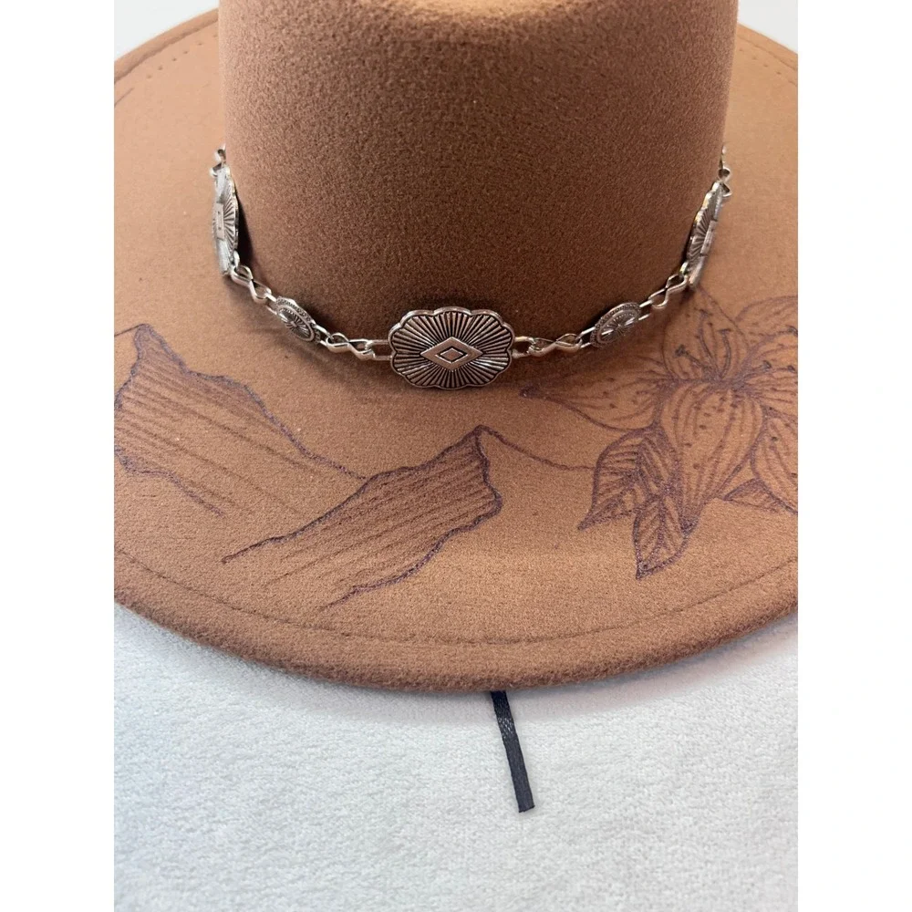Fedora Womens Burnt felt Hat Brown Hand‎ Drawn Mountain Floral Concho Chain New
